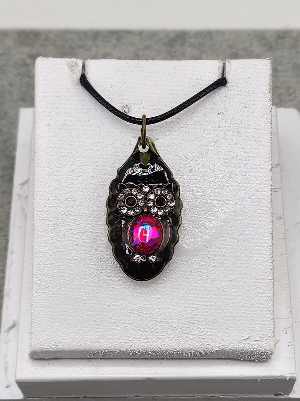 Owl Pendant Necklace with Pink Iridescent Gem